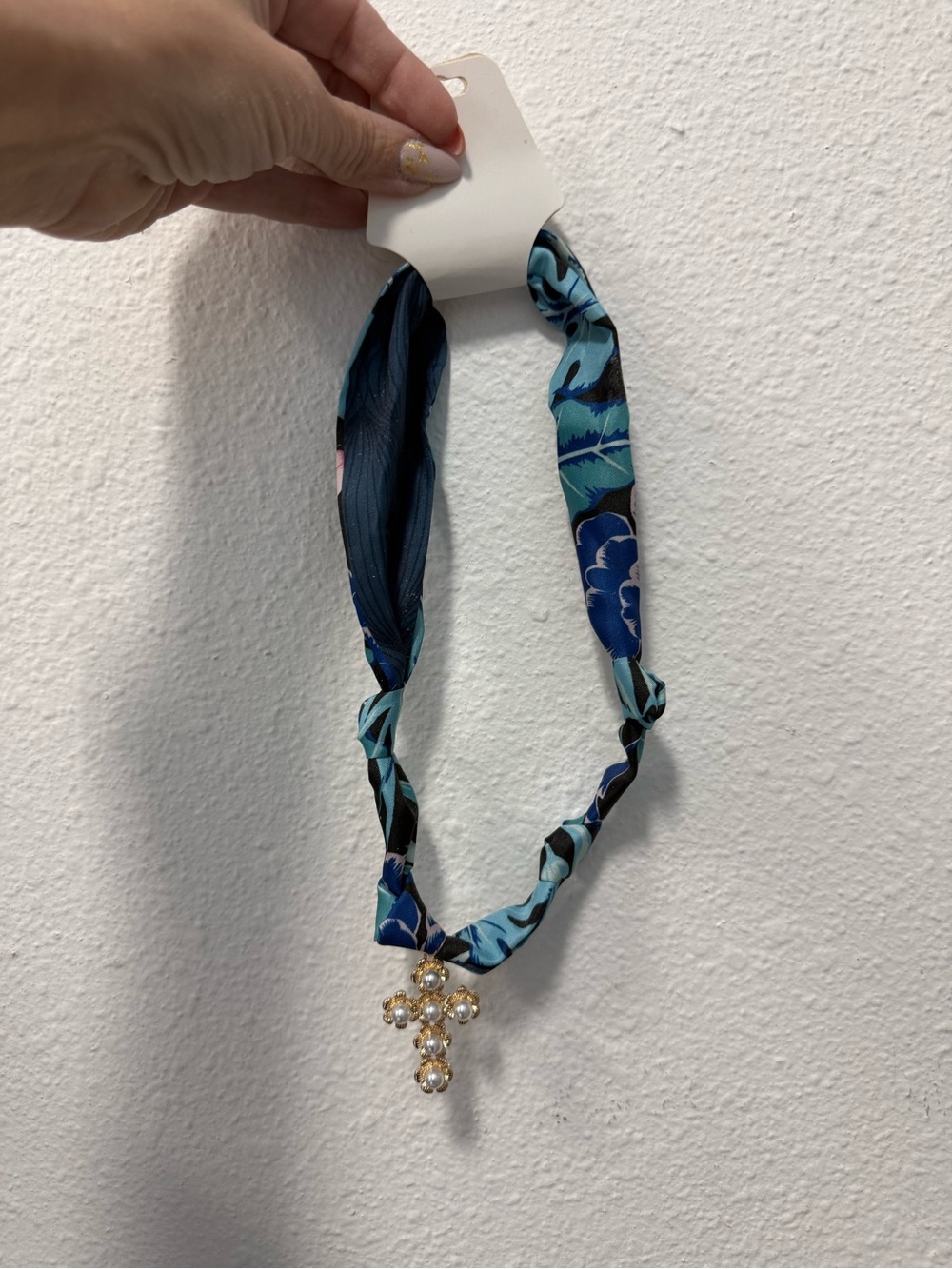 Blue Floral Scarf Necklace with Gold Pearl Cross Pendant